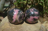 Polished Rhodonite Sphere x 2 From Ambindavato, Madagascar - Toprock Gemstones and Minerals