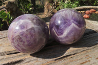 Polished Chevron Amethyst Spheres x 2 From Madagascar - Toprock Gemstones and Minerals