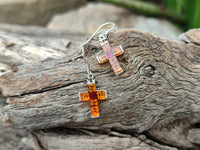 Polished Pair of Baltic Amber Cross Carved Earrings In Sterling Silver - Sold Per Pair - From Poland - Toprock Gemstones and Minerals