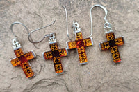 Polished Pair of Baltic Amber Cross Carved Earrings In Sterling Silver - Sold Per Pair - From Poland - Toprock Gemstones and Minerals