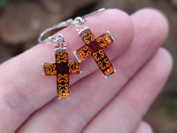 Polished Pair of Baltic Amber Cross Carved Earrings In Sterling Silver - Sold Per Pair - From Poland - Toprock Gemstones and Minerals