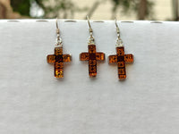 Polished Pair of Baltic Amber Cross Carved Earrings In Sterling Silver - Sold Per Pair - From Poland - Toprock Gemstones and Minerals