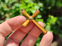 Polished Golden Tigers Eye Cross Pendants with Brass Clasp and Trim - Sold Per Item - From South Africa - Toprock Gemstones and Minerals
