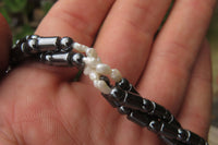 Polished Hematite and Freshwater Pearl Triple Twisted Beaded Necklace - Sold Per Item - From Southern Africa - Toprock Gemstones and Minerals