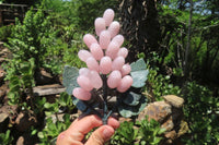 Polished Rose Quartz Hanging Bunch of Grapes with Green Fuchsite Leaves - sold per item - From South Africa - Toprock Gemstones and Minerals