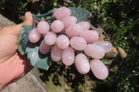 Polished Rose Quartz Hanging Bunch of Grapes with Green Fuchsite Leaves - sold per item - From South Africa - Toprock Gemstones and Minerals