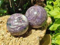 Polished Lepidolite with Pink Rubellite Spheres x 3 From Ambatondrazaka, Madagascar - Toprock Gemstones and Minerals