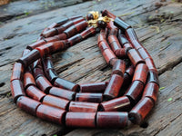 Polished Red Tigers Eye Cylinder Shaped Beaded Necklace with Cabochons on Clasp - Sold Per Item - From South Africa - Toprock Gemstones and Minerals