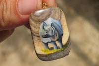 Polished Picture Stone Pendant with Hand Painted Rhinos - Sold Per Item - From Namibia - Toprock Gemstones and Minerals