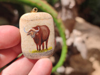 Polished Picture Stone Pendant with Hand Painted Buffalo - Sold Per Item - From Namibia - Toprock Gemstones and Minerals