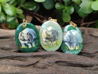 Polished Aventurine Pendant with Hand Painted Rhino - Sold Per Item - From Zimbabwe - Toprock Gemstones and Minerals