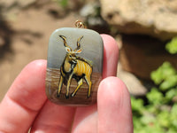Polished Polychrome Jasper Pendant with Hand Painted Kudu - sold per item - From Madagascar - Toprock Gemstones and Minerals