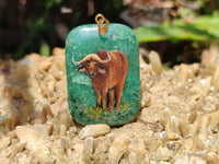Polished Aventurine Pendant with Hand Painted Buffalo - Sold Per Item - From Zimbabwe - Toprock Gemstones and Minerals
