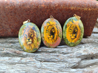 Polished Unakite Pendant with Hand Painted Lion - Sold Per Item - From South Africa - Toprock Gemstones and Minerals