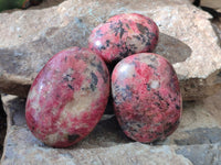 Polished Rhodonite Palm Stones x 3 From Zimbabwe - Toprock Gemstones and Minerals