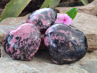 Polished Rhodonite Gemstone Hearts x 3 From Ambindavato, Madagascar - Toprock Gemstones and Minerals