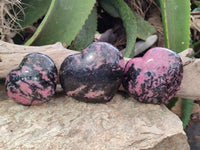 Polished Rhodonite Gemstone Hearts x 3 From Ambindavato, Madagascar - Toprock Gemstones and Minerals