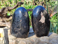 Polished Black Tourmaline and Calcite Standing Free Forms x 2 From Madagascar - Toprock Gemstones and Minerals
