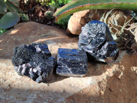 Natural Fibrous Schorl Black Tourmaline Specimens with a Hyalite Opal x 6 From Erongo, Namibia - Toprock Gemstones and Minerals