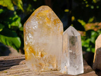 Polished Mix of Clear and Smokey Quartz Crystals with Golden Rutile Inclusion x 4 From Ambatondrazaka, Madagascar - Toprock Gemstones and Minerals