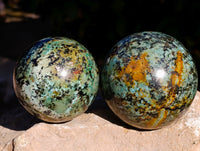 Polished "African Turquoise" Chrysocolla Spheres x 2 From Blue Mine, South Africa - Toprock Gemstones and Minerals