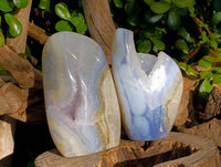 Polished Blue Lace Agate Standing Free Forms x 2 From Malawi - Toprock Gemstones and Minerals