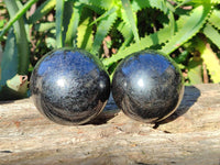 Polished Black Tourmaline Spheres x 2 From Madagascar - Toprock Gemstones and Minerals