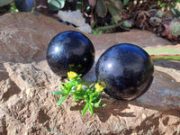 Polished Black Tourmaline Spheres x 2 From Madagascar - Toprock Gemstones and Minerals