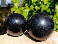 Polished Black Tourmaline Spheres x 2 From Madagascar - Toprock Gemstones and Minerals