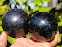 Polished Black Tourmaline Spheres x 2 From Madagascar - Toprock Gemstones and Minerals