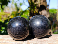 Polished Black Tourmaline Spheres x 2 From Madagascar - Toprock Gemstones and Minerals