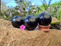 Polished Black Tourmaline Spheres x 3 From Madagascar - Toprock Gemstones and Minerals
