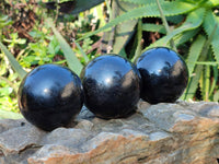 Polished Black Tourmaline Spheres x 3 From Madagascar - Toprock Gemstones and Minerals