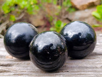 Polished Black Tourmaline Spheres x 3 From Madagascar - Toprock Gemstones and Minerals