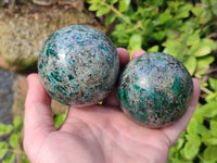Polished Emerald Mica 'Mutokolite' Spheres x 2 From Mutoko, Zimbabwe - Toprock Gemstones and Minerals