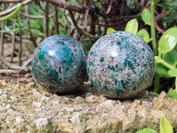 Polished Emerald Mica 'Mutokolite' Spheres x 2 From Mutoko, Zimbabwe - Toprock Gemstones and Minerals