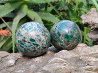 Polished Emerald Mica 'Mutokolite' Spheres x 2 From Mutoko, Zimbabwe - Toprock Gemstones and Minerals