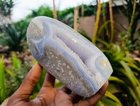 Polished Blue Lace Agate Standing Free Form and Free Form x 2 From Nsanje, Malawi - Toprock Gemstones and Minerals