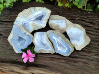 Polished On One Side Blue Lace Agate Geode Specimens x 6 From Nsanje, Malawi - Toprock Gemstones and Minerals