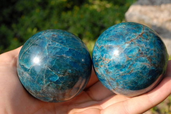 Polished Small Gemmy to Semi Gemmy Blue Apatite Spheres x 4 From Betroka, Madagascar - TopRock