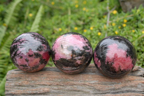 Polished Small Pink Rhodonite Spheres with Black Chromite x 4 From Ambindavato, Madagascar - TopRock