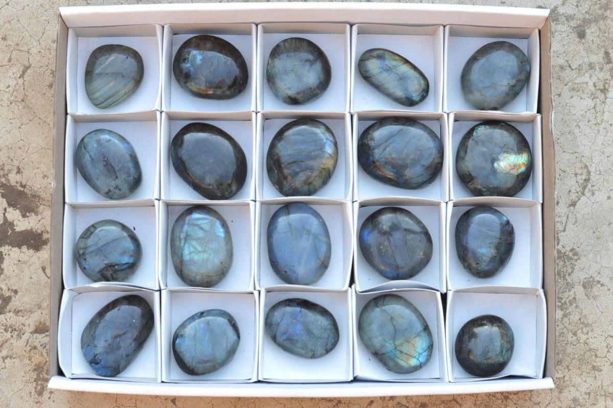 Polished Flashy Blue & Gold Labradorite Palm Stones x 20 From Tulear, Madagascar - TopRock