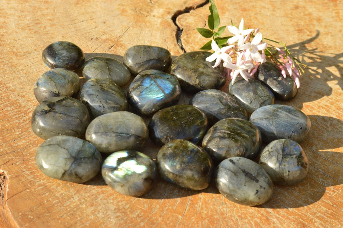 Polished Flashy Blue & Gold Labradorite Palm Stones x 20 From Tulear, Madagascar - TopRock