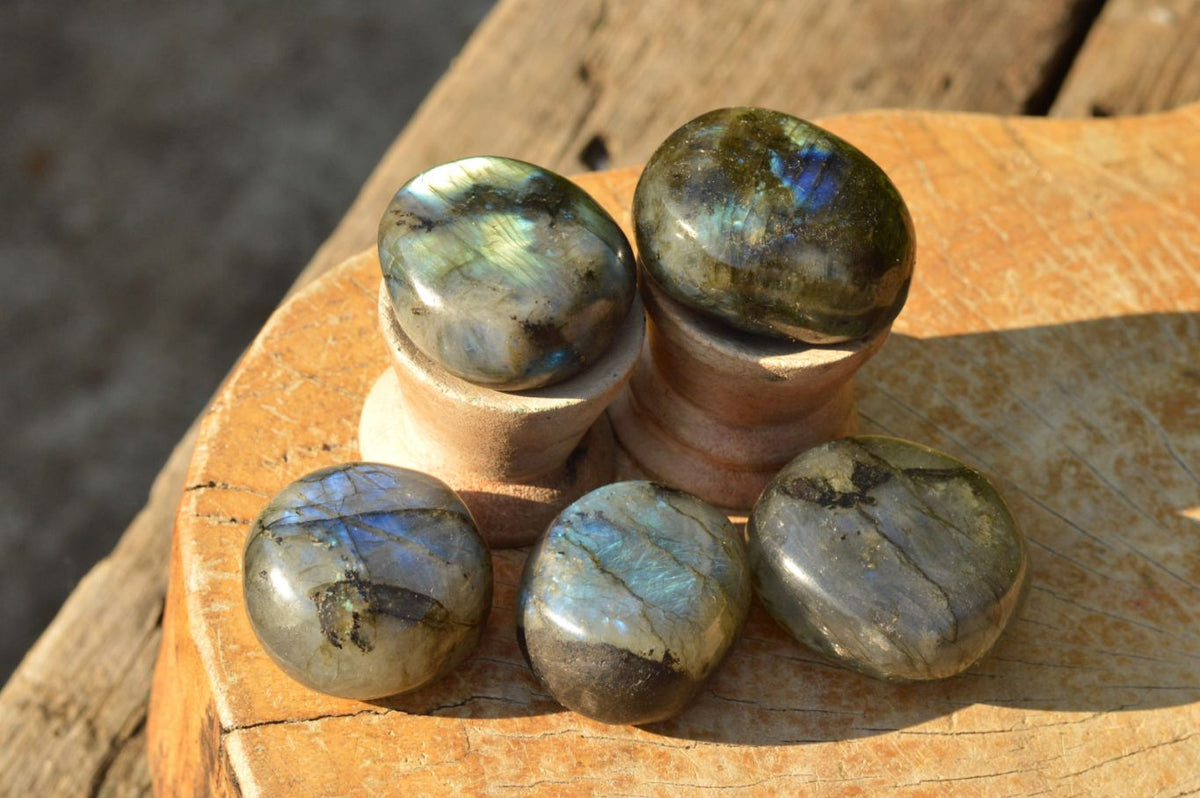 Polished Flashy Blue & Gold Labradorite Palm Stones x 20 From Tulear, Madagascar - TopRock