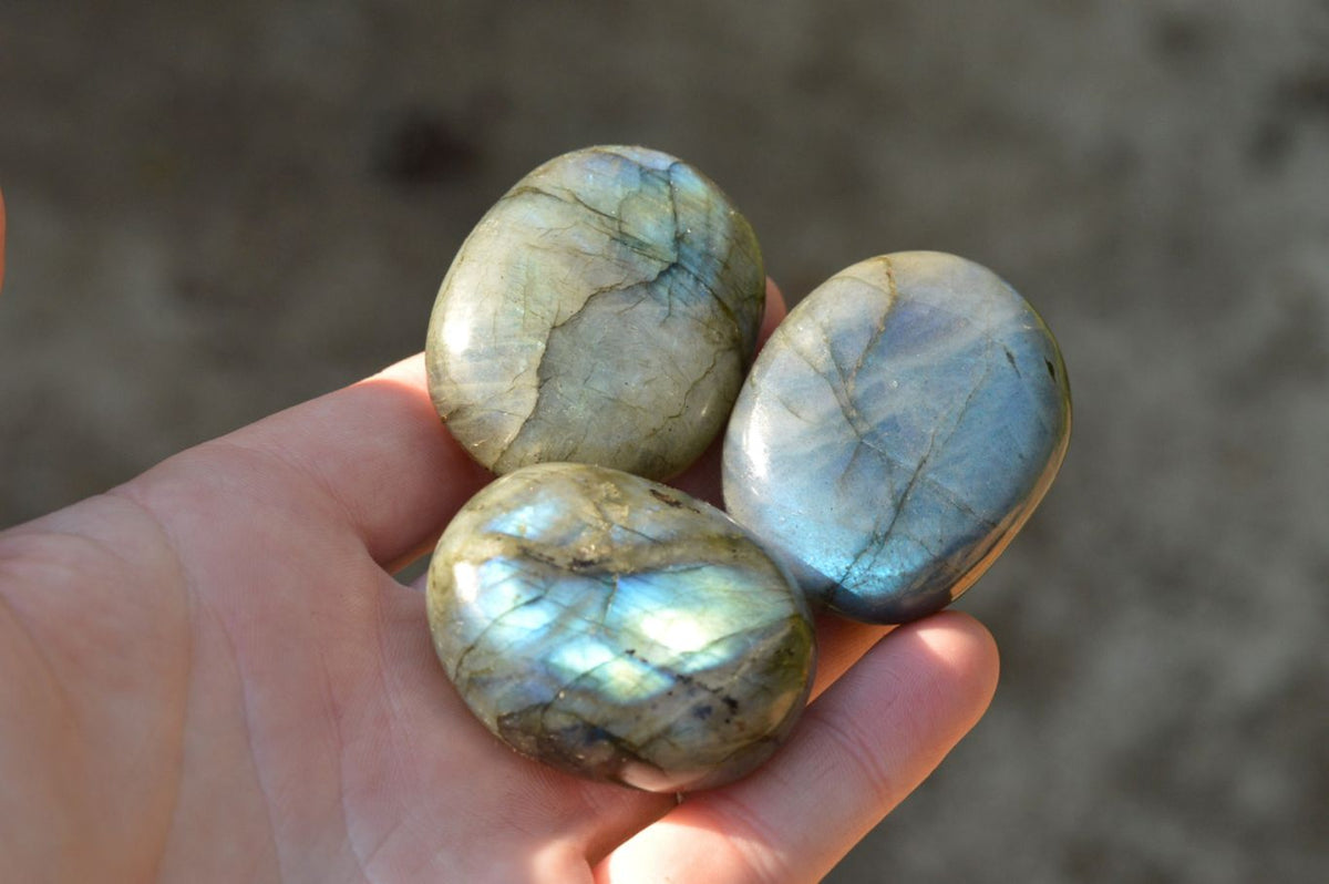 Polished Flashy Blue & Gold Labradorite Palm Stones x 20 From Tulear, Madagascar - TopRock
