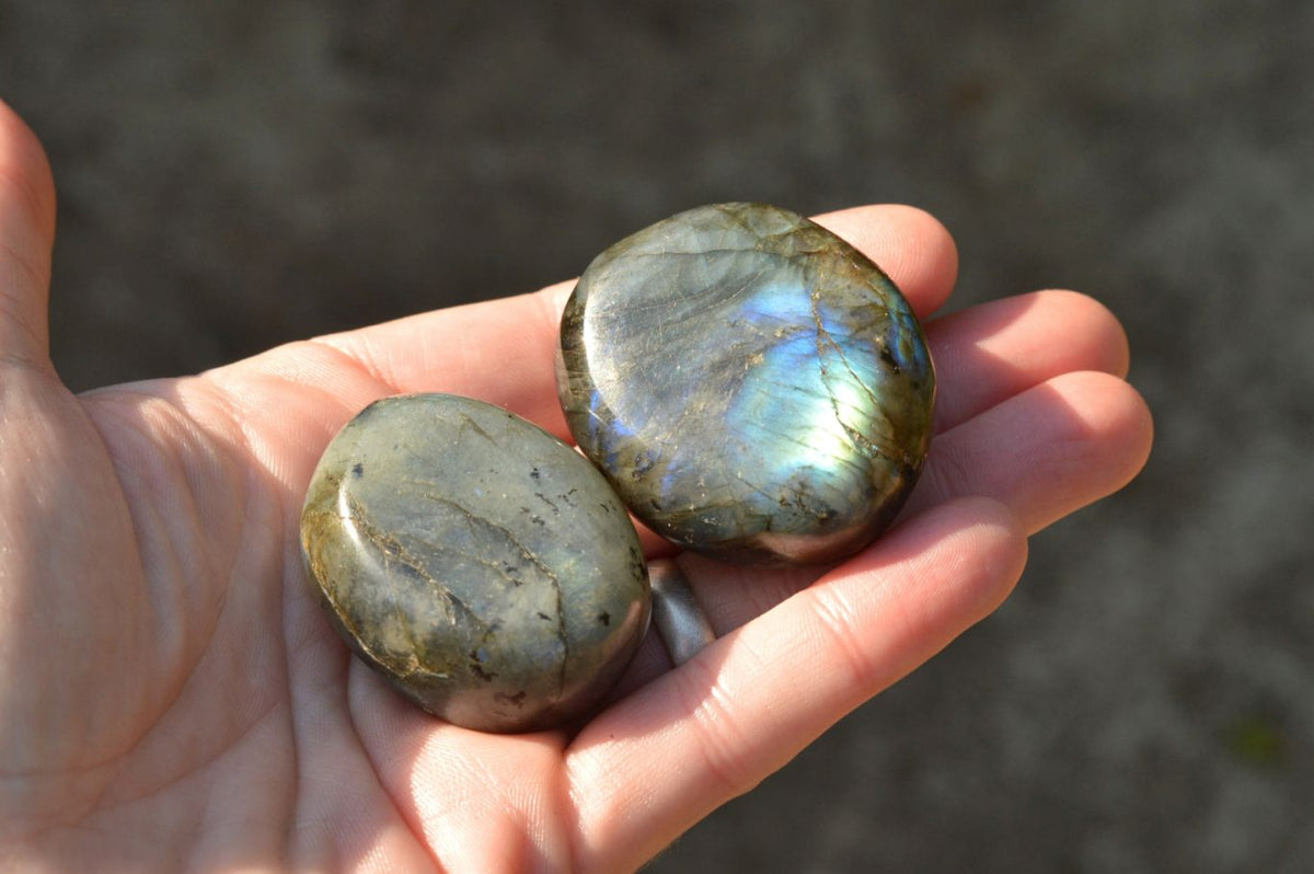 Polished Flashy Blue & Gold Labradorite Palm Stones x 20 From Tulear, Madagascar - TopRock