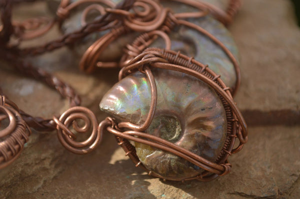 Polished Iridescent Ammonite Copper Wire Wrapped Pendants - Sold Per Piece -  From Madagascar - TopRock