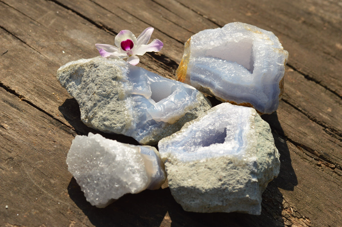 Natural Blue Lace Agate Geode Specimens x 4 From Nsanje, Malawi - TopRock