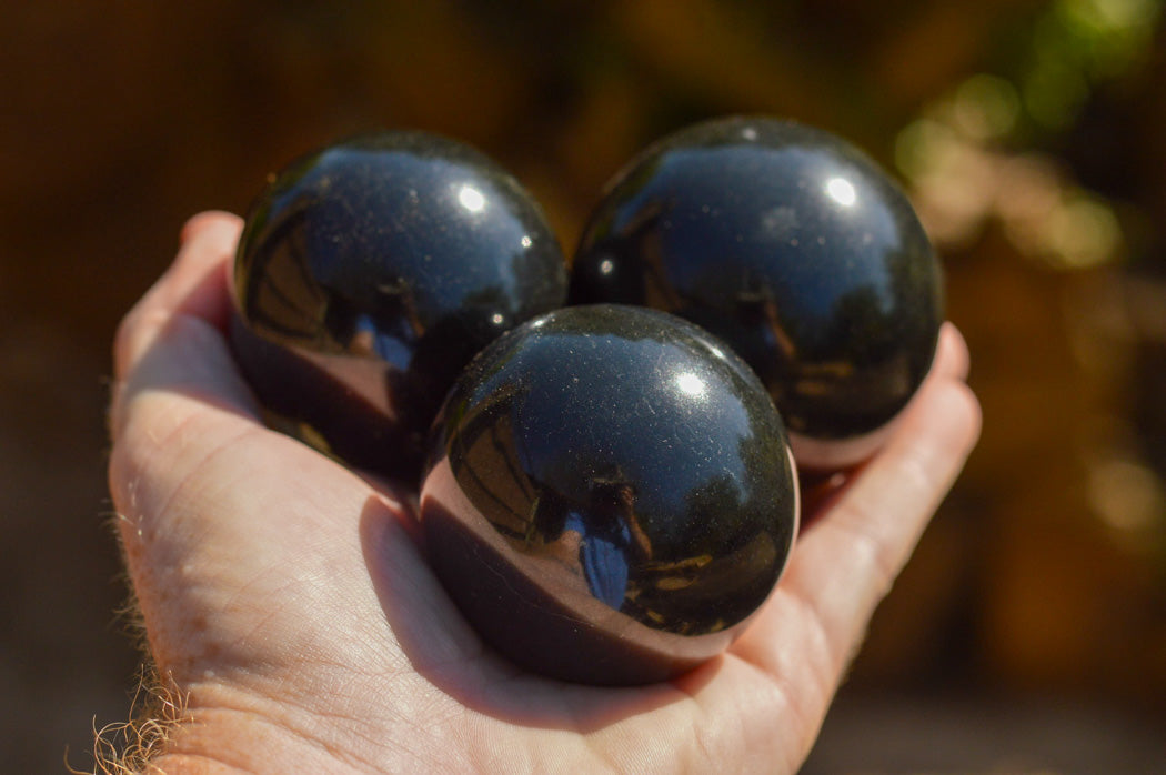 Polished Pitch Black Basalt Spheres (Heat Stable for therapy) x 5 From Madagascar - TopRock