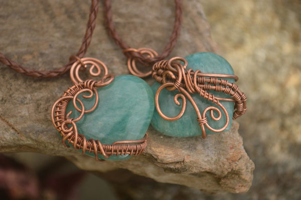 Polished Amazonite Heart Copper Wire Wrapped Pendants - Sold Per Piece -  From Madagascar - TopRock